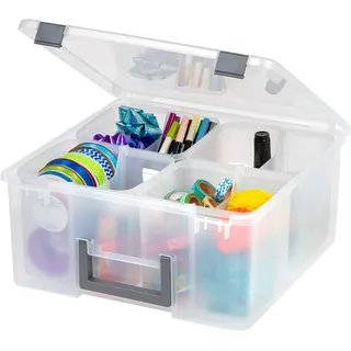 Iris Ohyama Iris Ohyama, Portable Clear Plastic Storage Compartment Box with Handle, Grey, 25L, Secure Latches, 4 Removable Inner Cups and 4 Dividers, For Hobby, Craft, Art, Craft Box, Crate, BPA Free, DCB-4