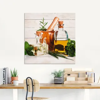 Glasbild ARTLAND "Olivenöl und Kräuter - Küche", weiß (farbe bild(er): weiß), B:20cm H:20cm, Bilder, in verschiedenen Größen