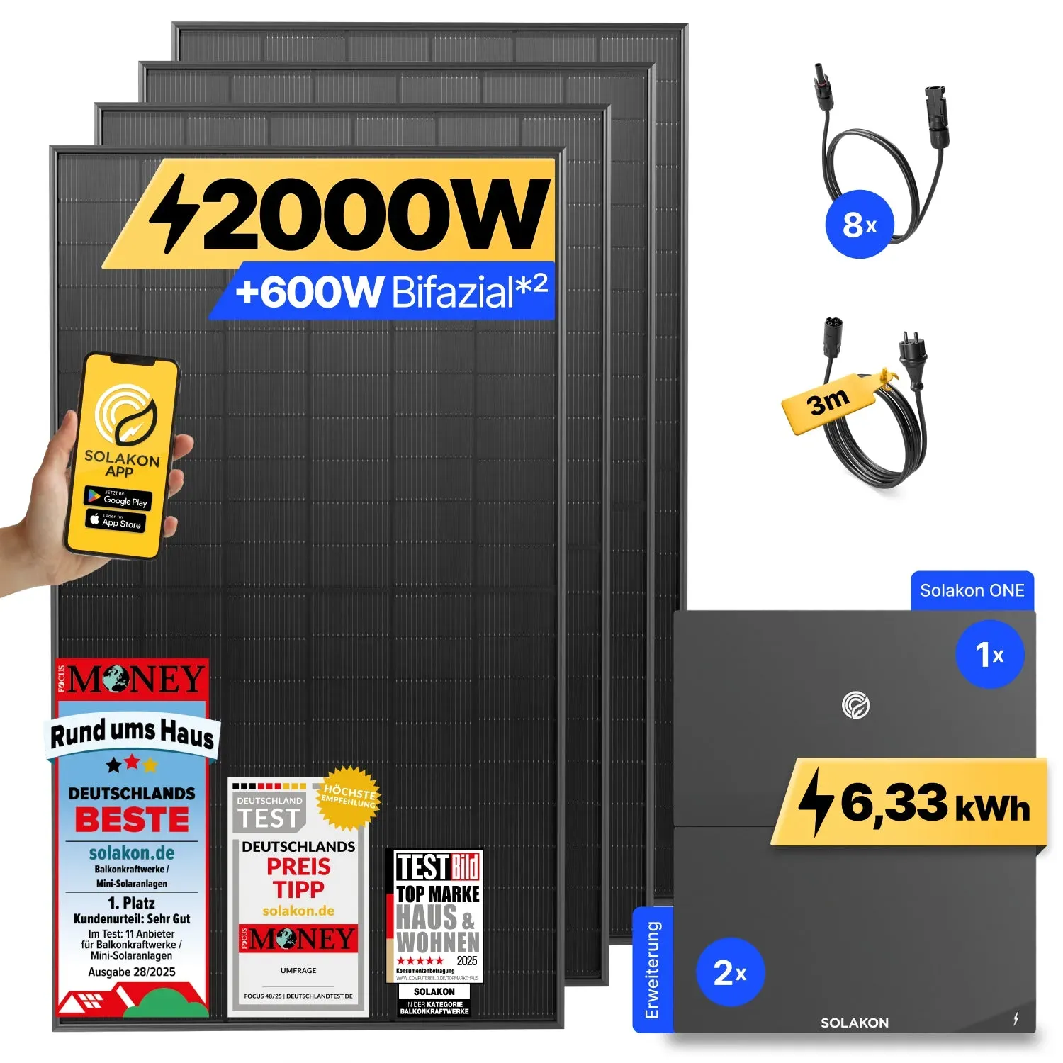 onPower: 2000 Watt Balkonkraftwerk - ohne Halterung / 6.33 kWh / 3m