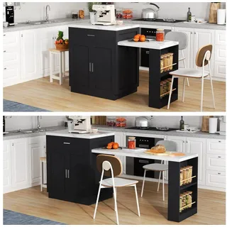 Flieks Kücheninsel mit ausziehbarem Esstisch, (Multifunktionale Küchenschrank mit Schubladen und Regalen, ausziehbar Arbeitsplatte L62,5-131cm), Küchenbuffet mit Steckdose und USB-Anschluss, Küchentisch mit Rollen schwarz
