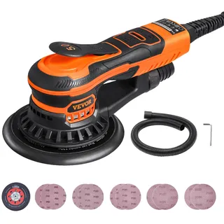 Vevor Exzenterschleifer, 152 mm bürstenloser elektrischer Exzenterschleifer, 350 W, 6 variable Geschwindigkeiten, mit 10 Schleifpapieren, staubdichtem Anschluss und Schlauch, zum Holzschleifen