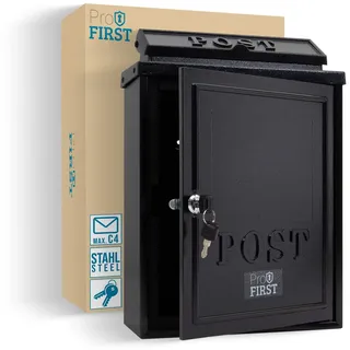 Profirst Briefkasten Daytona Schwarz Stahl Zylinderschloss 2 Schlüssel großes Fassungsvermögen inkl. Befestigungsmaterial