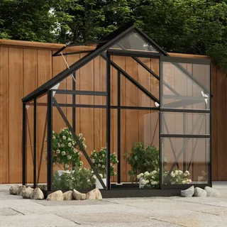 Gecheer Glas Gewächshaus mit Fundamentrahmen Treibhaus Gartenhaus Garten Tomatenhaus Frühbett UV-beständig Anthrazit Aluminimum 155x103x191 cm