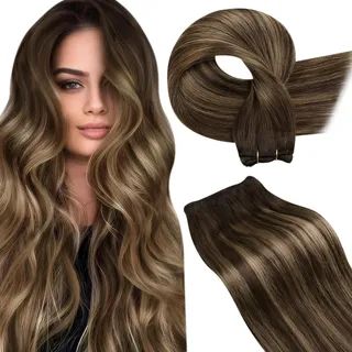 LaaVoo 40cm Echthaar Extensions Tressen Zum Einnähen Glatt Balayage Braun zu Karamellblond Ombre Haartressen Echthaar Remy Echthaar 100G #4/27/4