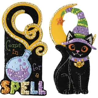 Bucilla 89506E, Filz-Applikation, verzaubertes Grußset, 2 Stück, Türaufhänger-Set, perfekt für Halloween, DIY-Nadelspitzen-Kunst und Handwerk, Spellbound Greeting
