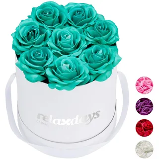 Relaxdays Rosenbox rund, 8 Rosen, stabile Flowerbox weiß, 10 Jahre haltbar, Geschenkidee, dekorative Blumenbox, weiß