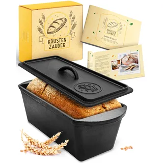 krustenzauber Gusseisen Brotbackform mit Deckel - Robuste rechteckige 28cm Backform - Ideal als Kastenform, Toastbrot-Backform, Brotform, Gusseisen-Topf Brot backen Zubehör, Brottopf, cast iron