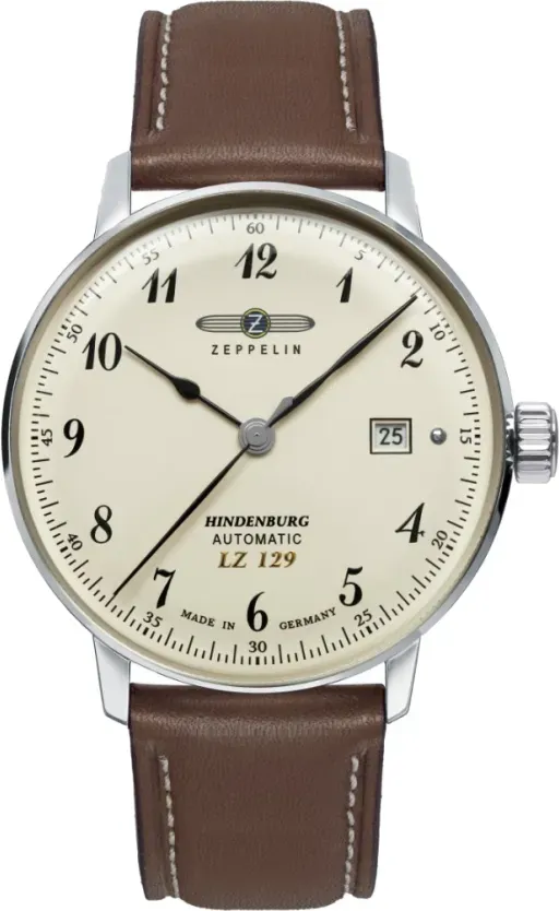 Zeppelin Herrenuhr 80565 - Beiges Ziffernblatt mit schwarzen Zahlen/Indices,dunkelbraun,weiße Naht - 40mm
