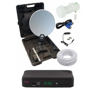 GSS Camping 35 cm Satellitenschüssel Komplettset mit Single LNB + Sat Receiver im Koffer, Sat Anlage Komplett Antenne, Wohnwagen, Wohnmobil, Camping TV, Mini Anlage, Satellitenschüssel klein
