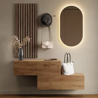 Planetmöbel Flurgarderobe 2x 100 cm mit Wandpaneele und Spiegel ohne LED-Beleuchtung gold eiche