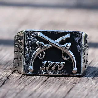 XJruixi Vintage 1776 Independence Day Ring Heavy Sugar Stainless Steel Cowboy Men Rings Double Guns Punk Gothic Ring Mens Biker Jewelry