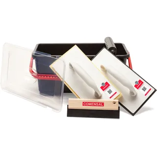 COMENSAL Fliesenwaschset - 7-teiliges Fliesenleger Waschset M - 12L - Profi Fliesen Waschset zum Verputzen - mit Rollenaufsatz - Fugengummi - Hydroschwamm - Reibebrett mit Zellkautschuk - Made in EU