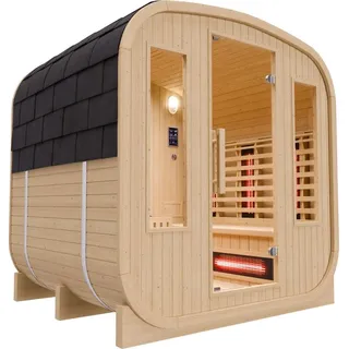 Dewello Dewello® - Outdoor Fasssauna Richmond - ca. 200 cm x 180 cm x 200 cm, Fichtenholz - Cube inkl. 10 Infrarotstrahler, Saunaofen und Saunazubehör I Gartensauna, Außensauna, Sauna Fass für 4 Personen