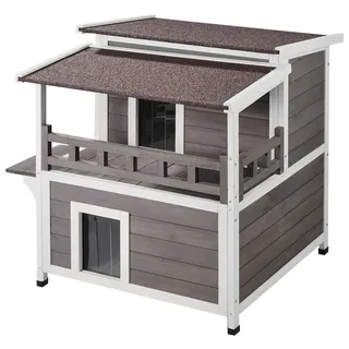 Vevor Katzenhaus für draußen, wetterfest, Unterschlupf für Wildkatzen für mehrere Katzen, großes 2-stöckiges Katzenhaus aus Holz für draußen mit Balkon, Türen, PVC-Türklappen und offenem Dach, 76,2 cm L x 76,2 cm B x 81,3 cm H
