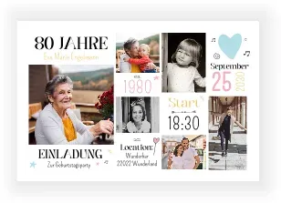 Einladungskarte 80. Geburtstag: Bildreicher Geburtstag 80 mit Fotos in Weiß