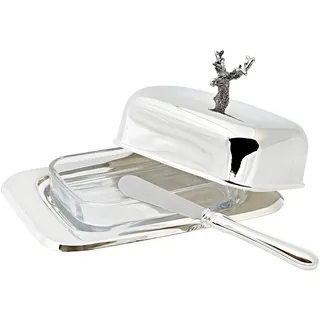Edzard Hirschbutterdose für 250 g Butter, 13 x 18 cm, silber, hochglanzpoliert, mit Glaseinsatz, mit Buttermesser im Lieferumfang enthalten.