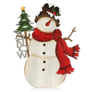 COM-FOUR Dekorativer Aufsteller für Weihnachten - XL Schneemann aus Holz zum Hinstellen - Weihnachtsdekoration zum Verzieren und Verschenken (Schneemann mit Schal)