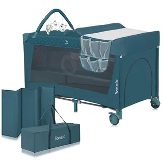 lionelo Flower 4in1 Reisebett Baby, Laufstall Baby mit Seiteneingang, Wickeltisch, Zwei Matratzenaufhängungshöhen, Spielzeugbogen mit Spielfiguren, Rollen, Tragetasche