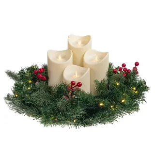 Bonetti Künstlicher Adventskranz mit Lichterkette und LED Kerzen | batteriebetrieben | Sicher in der Anwendung | Tannenkranz mit Zapfen und Beeren (4 Kerzen, Cremefarben)