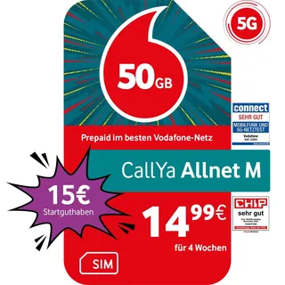 Vodafone Prepaid CallYa M | 50 GB | 15 EUR Guthaben | ohne Vertrag | 5G | Allnet Flat | EU-Roaming | weltweit nutzbar