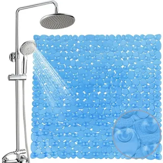 OKWISH Duschmatte Rutschfeste Badematte Antirutschmatte Badewannenmatte, 54 x 54cm, 182 leistungsstarken Saugnäpfen, Kieselsteinstruktur, Kunststoff, Quadratisch, für Dusche Badewanne Bad Hotel Spa blau