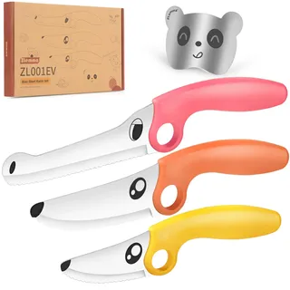 ZLemma Kindermesser Set 4-teiligs mit Lernring & Panda Fingerschutz, Kinderkitchen Kindermesser Set Hund, Edelstahl-Rosa