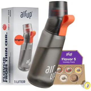 air up® Flasche Gen2 Starter Set Original, inkl Pods in 5 Geschmacksrichtungen I 1l Trinkflasche mit Geschmack, zuckerfrei I auslaufsicher, spülmaschinenfest & BPA frei I in Grau