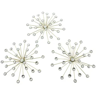 Dekoleidenschaft Wanddekoobjekt "Kristall-Blüte" aus Metall in gold mit Glassteinen, 3D Wanddeko (3 St., im Set), Wandschmuck in Blumenform / Sternenform, Dekoobjekt, Metallbild gelb