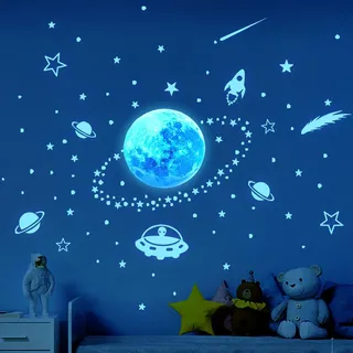 Leuchtsterne Kinderzimmer Sterne leuchtend Selbstklebend Wandsticker Wandaufkleber Kinderzimmer Junge Mädchen Kinder Mond Astronaut Leucht Aufkleber Schlafzimmer Wohnzimmer Wandtattoo