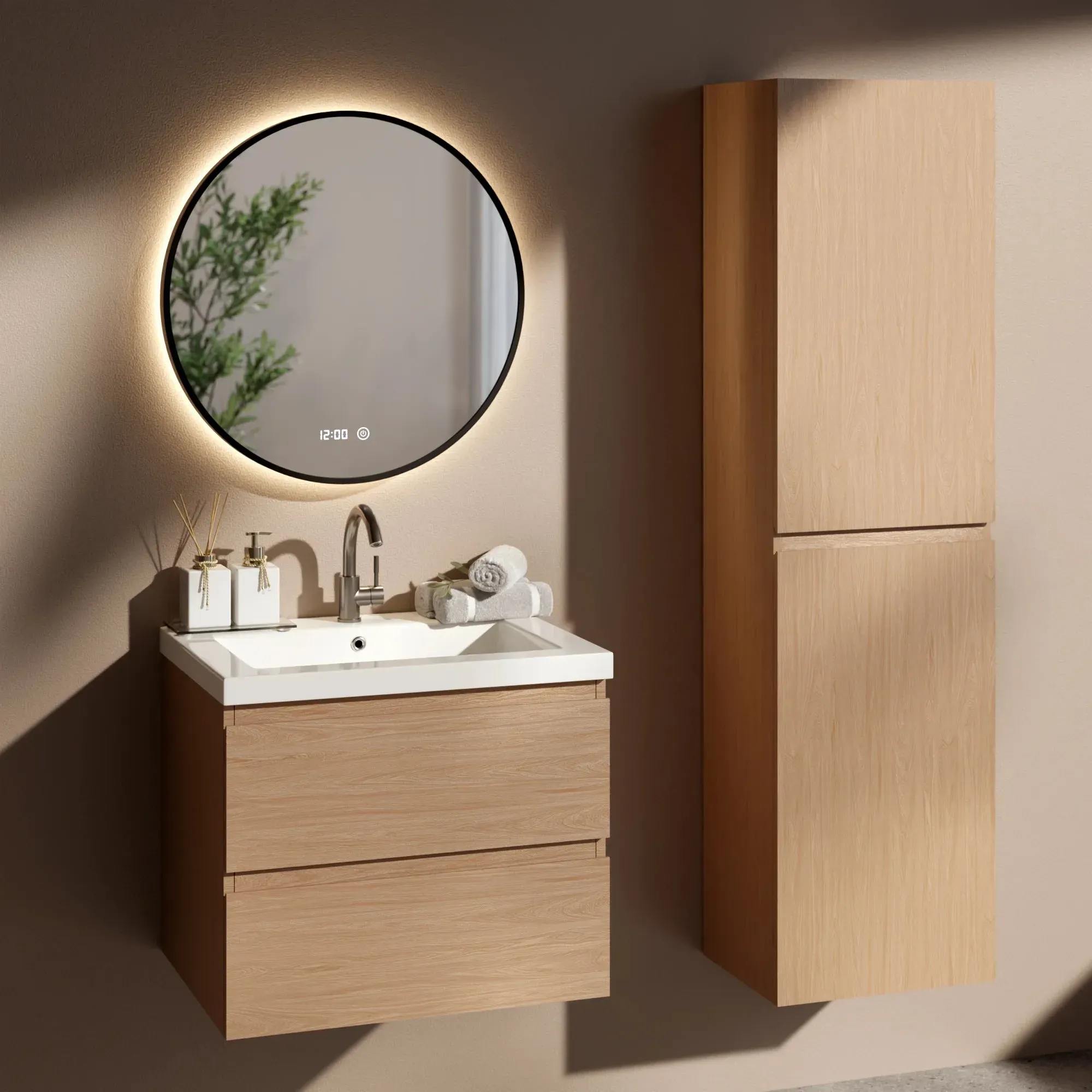 Badezimmermöbel Set Amara – 60 cm – Helle Eiche – Weißes Waschbecken