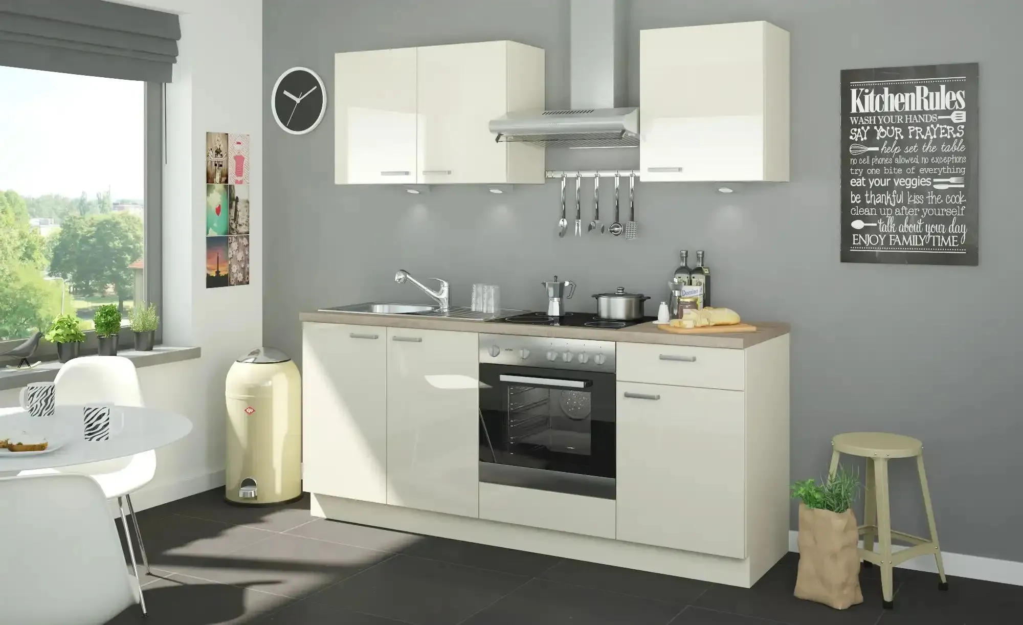 Küchenzeile mit Elektrogeräten  Binz , creme , Maße (cm): B: 200
