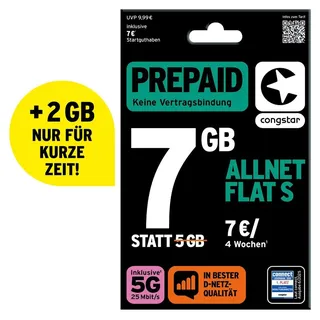 congstar Prepaid Allnet S: 7 statt 5 GB Datenvolumen & Flatrate für Telefonie und SMS, 5G-Speed, EU-Roaming
