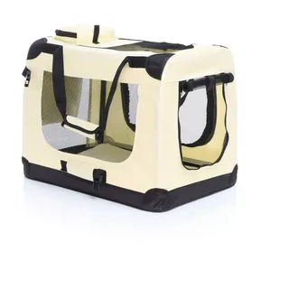 fudajo Faltbare Transportbox für Hunde, Katzen M (60x42x44cm), robust, leicht, sicher, Hundebox mit Tragegriff und Decke, Beige