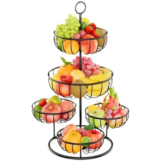 Obst Etagere Schwarz 5 Stöckig, Obstschale Etagere, Gitterkorb Brotkorb Gemüsekorb Küche, Servierkorb mit Henkel Metall, Etagere für Obst, Gemüse, Brot, Snacks