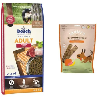 Bundle: bosch HPC Adult mit Lamm & Reis | Hundetrockenfutter für ausgewachsene Hunde aller Rassen | 1 x 15 kg + Sammy ́s Gourmetstreifen | Hühnchen & Ente | Fleischiger Snack für Hunde | 6 x 180 g