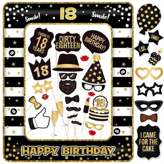18 Geburtstag Fotobox Accessoires 34 Stück Fotorequisiten und 1 Stück Fotorahmen aufblasbar Foto Booth 18. Geburtstag