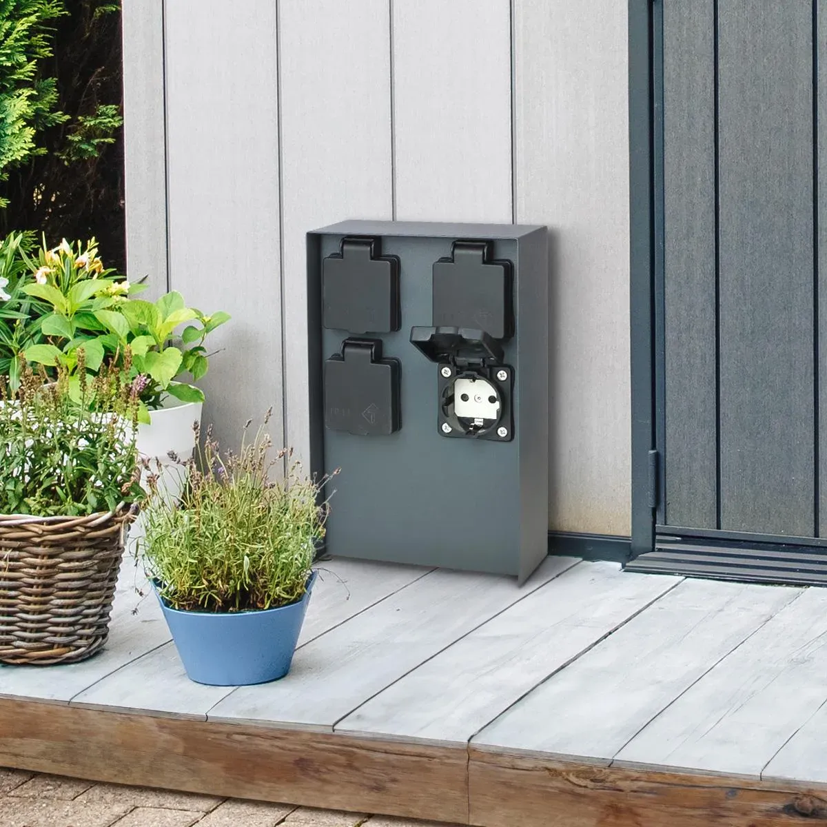 Gartensteckdosensäule für außen IP44 eckig 23cm - Steckdose: 4-fach - Farbe: ant...