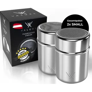 VALUXE® Puderzuckerstreuer 2x SMALL - Edelstahl Kakaostreuer mit feinem Sieb & Deckel - Puderzucker Pulver Streuer für präzises Bestäuben - Zuckerstreuer, Mehlstreuer spülmaschinengeeignet