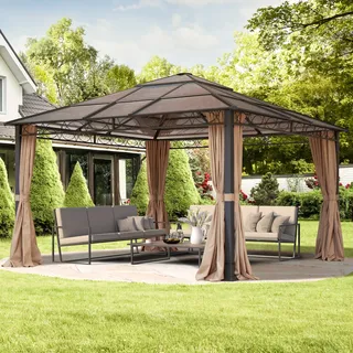 TOOLPORT Gartenpavillon 4x4 m wasserdicht alu Deluxe Pavillon mit 4 Seitenteilen in Taupe lichtdurchlässiges PC Dach