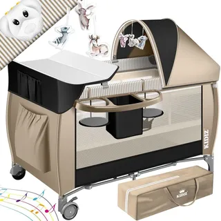 Kidiz KIDIZ® Babybett Reisebett Kinderreisebett Faltbar mit Matratze 120x60, Seiteneingang, Wickelauflage, Mosktionetz, Spielbogen & Tragetasche Baby Beistellbett Kinderbett ab Geburt bis 15 kg