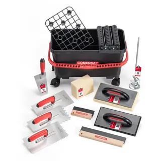 COMENSAL Fliesenwaschset - 15-teiliges Fliesenleger Waschset XL - 24L - Profi Fliesen Waschset - mit Räder - Rollenaufsatz - Gitter - Glättekelle - Hydroschwamm - Reibebrett - Made in EU