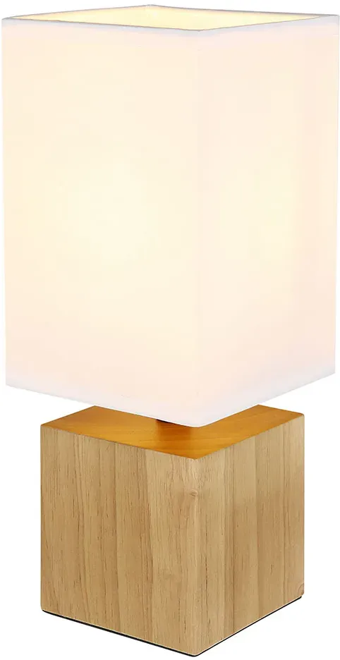 Tischlampe Holzleuchte Nachttischlampe Tischleuchte Wohnzimmer Leselampe Textil weiß, eckig, 1x E27, LxBxH 12x12x30 cm