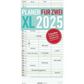 Alpha / Alpha Edition Planer für 2 XL 2025 mit 3 Spalten - Familien-Timer 22x45 cm - Offset-Papier - mit Ferienterminen - Wand-Planer - Familienkalender - Alpha Edition