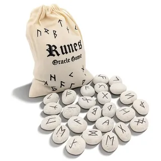 PURAJA Runensteine Set: Keramik | Mit Elder Futhark Alphabet | 25 Keramik Runensteine im Baumwollsäckchen | Magisches Runen Set