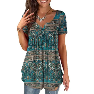 Baina Women's T-Shirt with Floral Print, V Neck Summer Top, Casual, Loose, Plus Size Tunic Tops for Women, Long Shirt, Oversize Blouse with Short Sleeves, M - 4XL Size,Grün,L - L