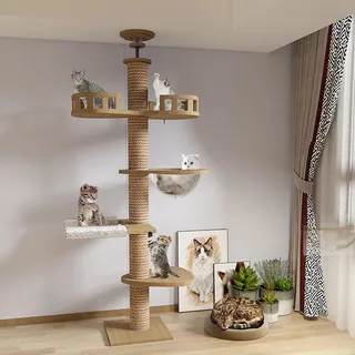 Mekidulu Kratzbaum vom Boden bis zur Decke, höhenverstellbar, 240–250 cm, 265–275 cm, mit Breite 11 cm, Katzenhängematte, komplett mit Sisalseil umwickelt