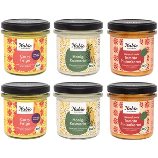 NABIO | Vegetarische Aufstrich-Creme 6er Box I 2x Curry Feige, 2x Honig Rosmarin, 2x Getrocknete Tomate Pinienkerne I extra cremig mit Cashew I (6x 135 g)