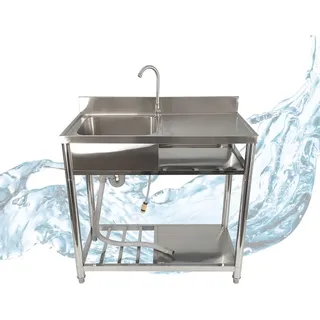 Lemodo Spültisch freistehend, Wasserhahn mit Gartenschlauch-Anschluss, Spülbecken Größe L - Silber