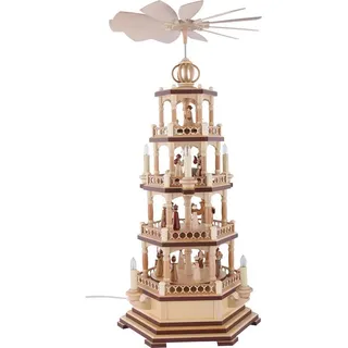 Kleinkunst aus dem Erzgebirge® Müller Pyramide Heilige Geschichte 4-stöckig, natur elektr. beleuchtet NEU