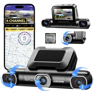 Azdome 4 Kanal 4K dashcam Auto 360 Grad mit 128GB eMMC, 2.5K+3 * 1080P Dashcam, 5G WiFi, Sprachsteuerung Dashcam Auto Vorne Hinten, IR Nachtsicht, Parkmodus, Erinnerung bei Müdigkeit am Steuer(M660)